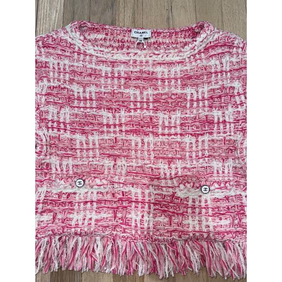 Chanel 24P Pink White Knit Frayed Tweed CC Logo Short Sleeve Pullover Top 38 - Picture 6 of 16